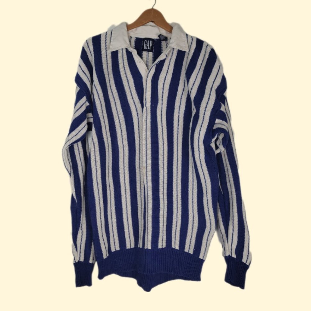Vtg 80s Gap shirt rugby polo‎ blue white retro stripe men's size Med front spot